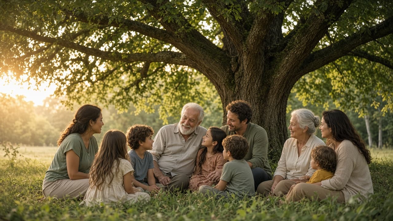 Mehrgenerationenfamilie unter einem Baum im Abendlicht
